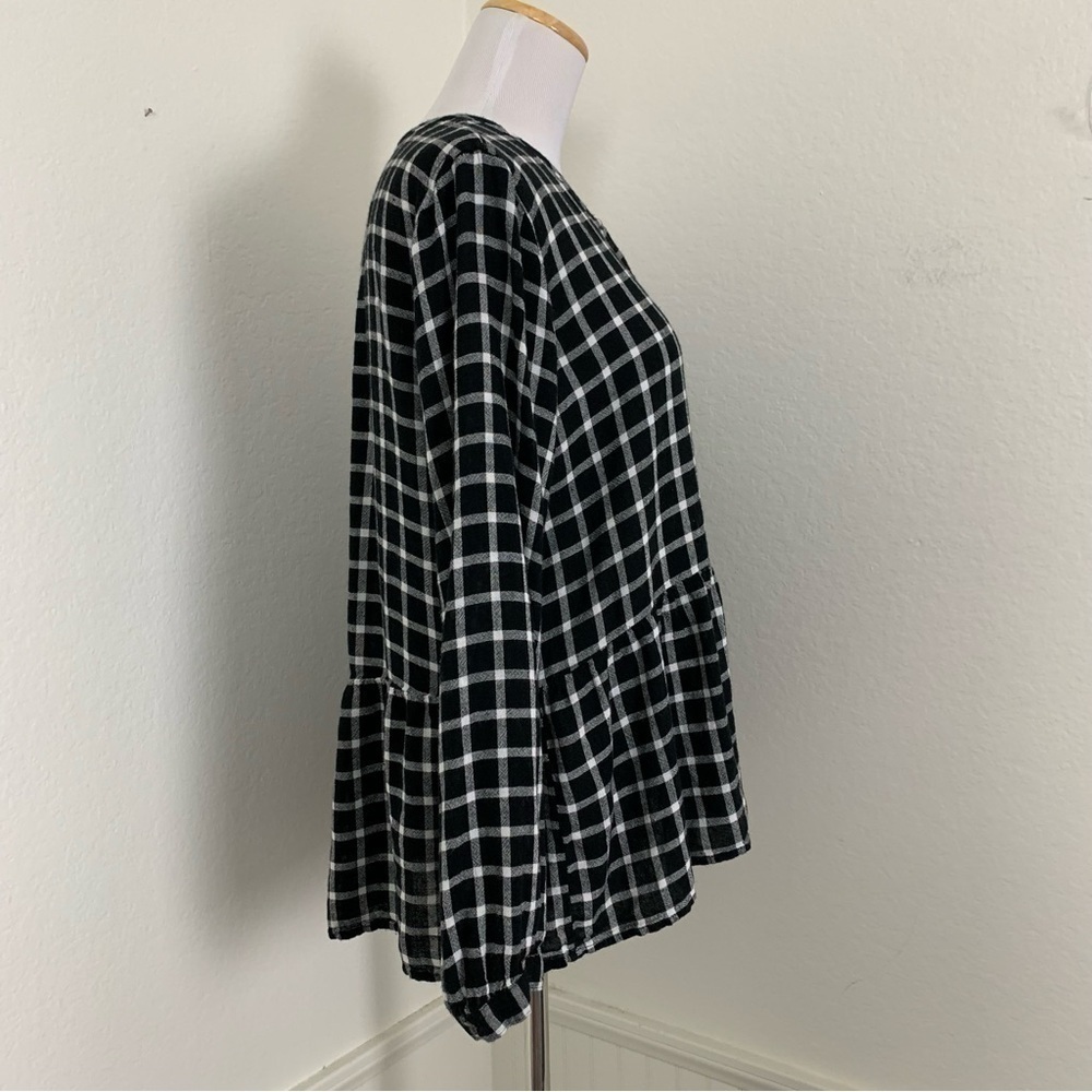 Rails Plaid Ruffle Hem Button Front Top Black & White Women’s Large Long Sleeve - Picture 13 of 17